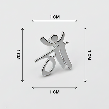 Metallic character with dimensions labeled on a white background