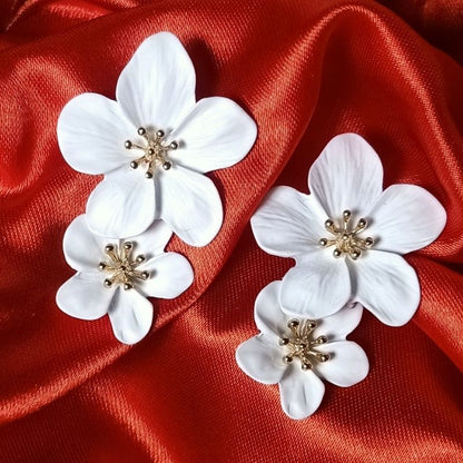 White Flower Design Long Drop Earrings - Ceramic Brass Alloy