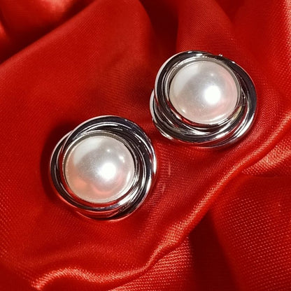 Unique Design Pearl Stud Earrings - Silver Color, Big Size