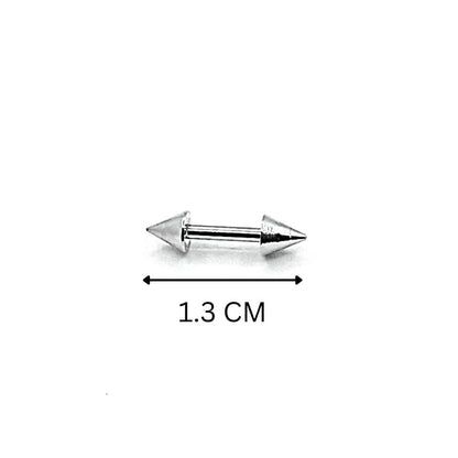 Metallic stud earring with measurement label on a white background