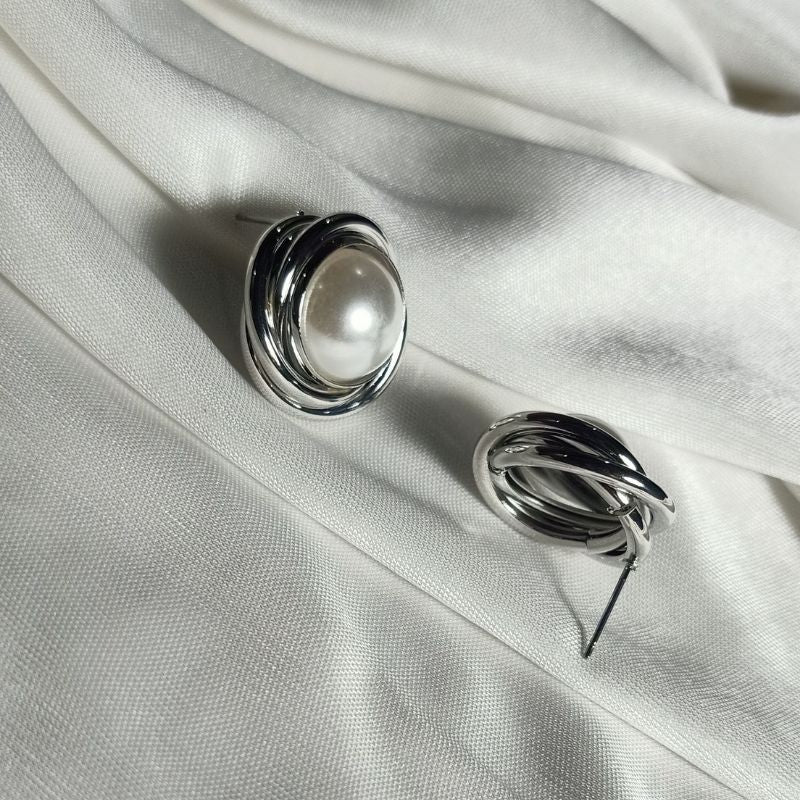 Unique Design Pearl Stud Earrings - Silver Color, Big Size