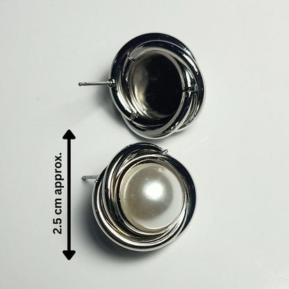 Unique Design Pearl Stud Earrings - Silver Color, Big Size