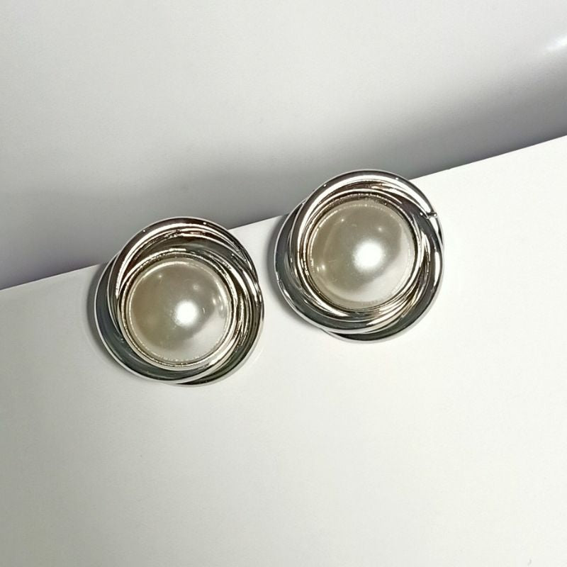 Unique Design Pearl Stud Earrings - Silver Color, Big Size