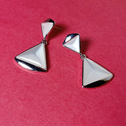 White Stone Double Triangle Silver Drop Earrings