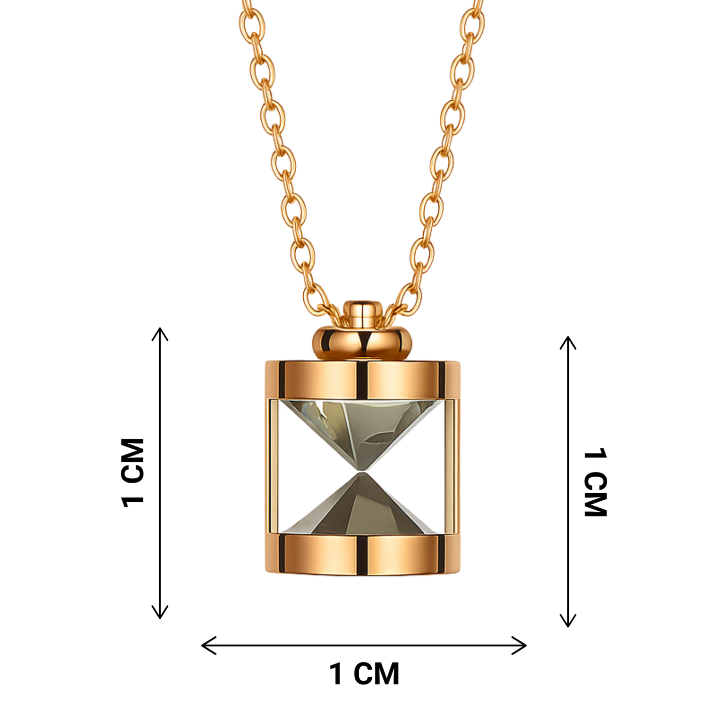 Gold hourglass pendant necklace with measurement markings on a white background