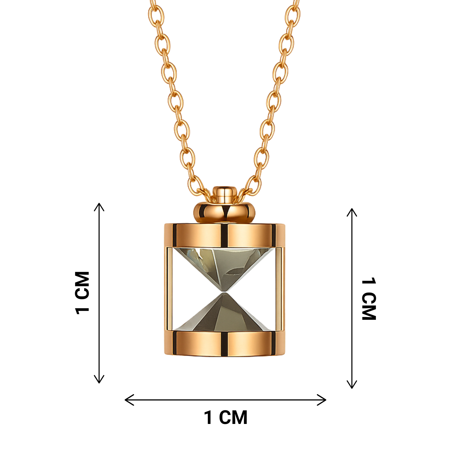 Gold hourglass pendant necklace with measurement markings on a white background
