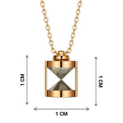 Gold hourglass pendant necklace with measurement markings on a white background