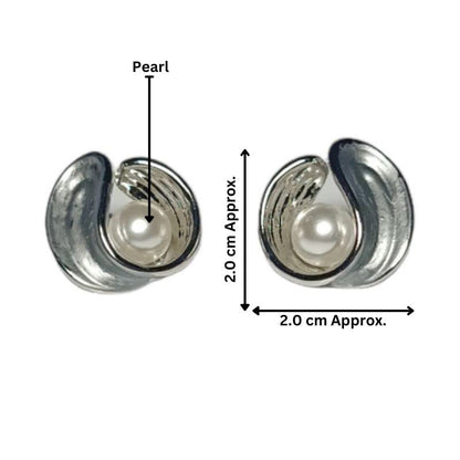 Silver earrings with pearls, showing size and design details on a white background.