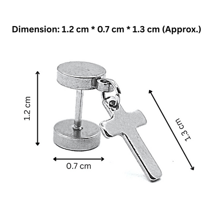 Silver cross earring with dimensions labeled on a white background