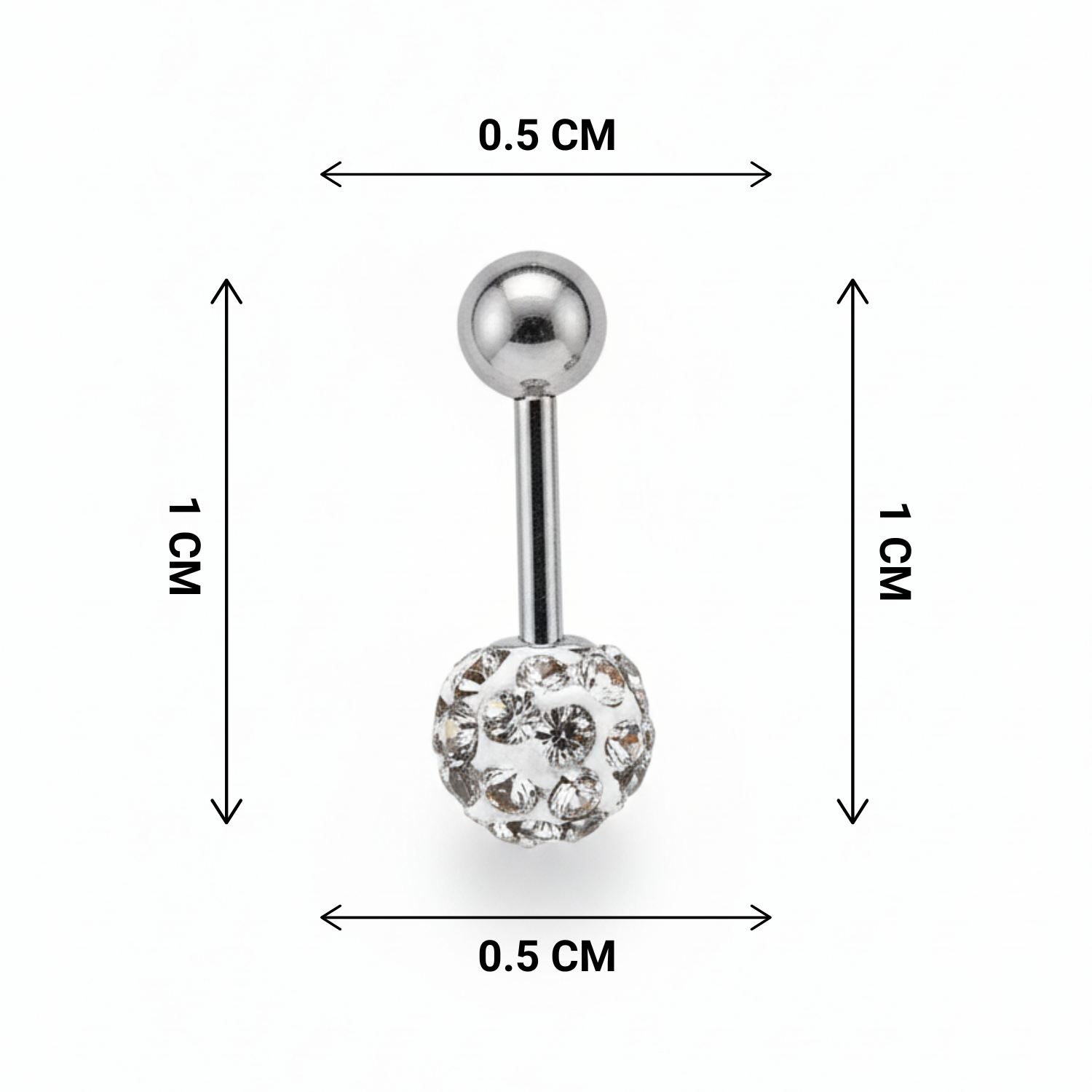 Belly button ring with gemstone design and measurements on a white background