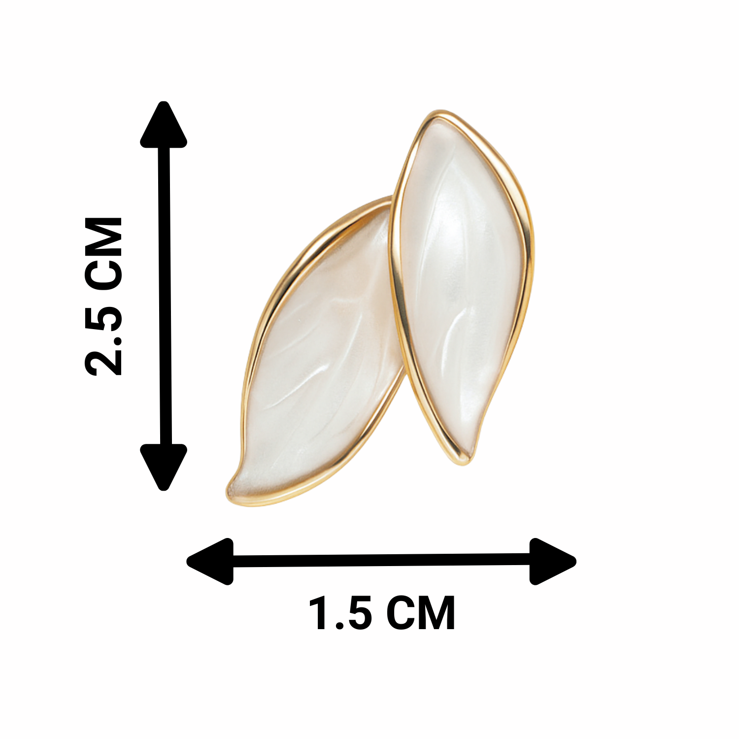 Gold and white earrings with measurements on a white background