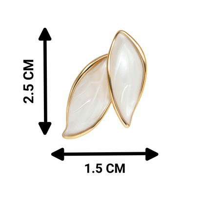 Gold and white earrings with measurements on a white background