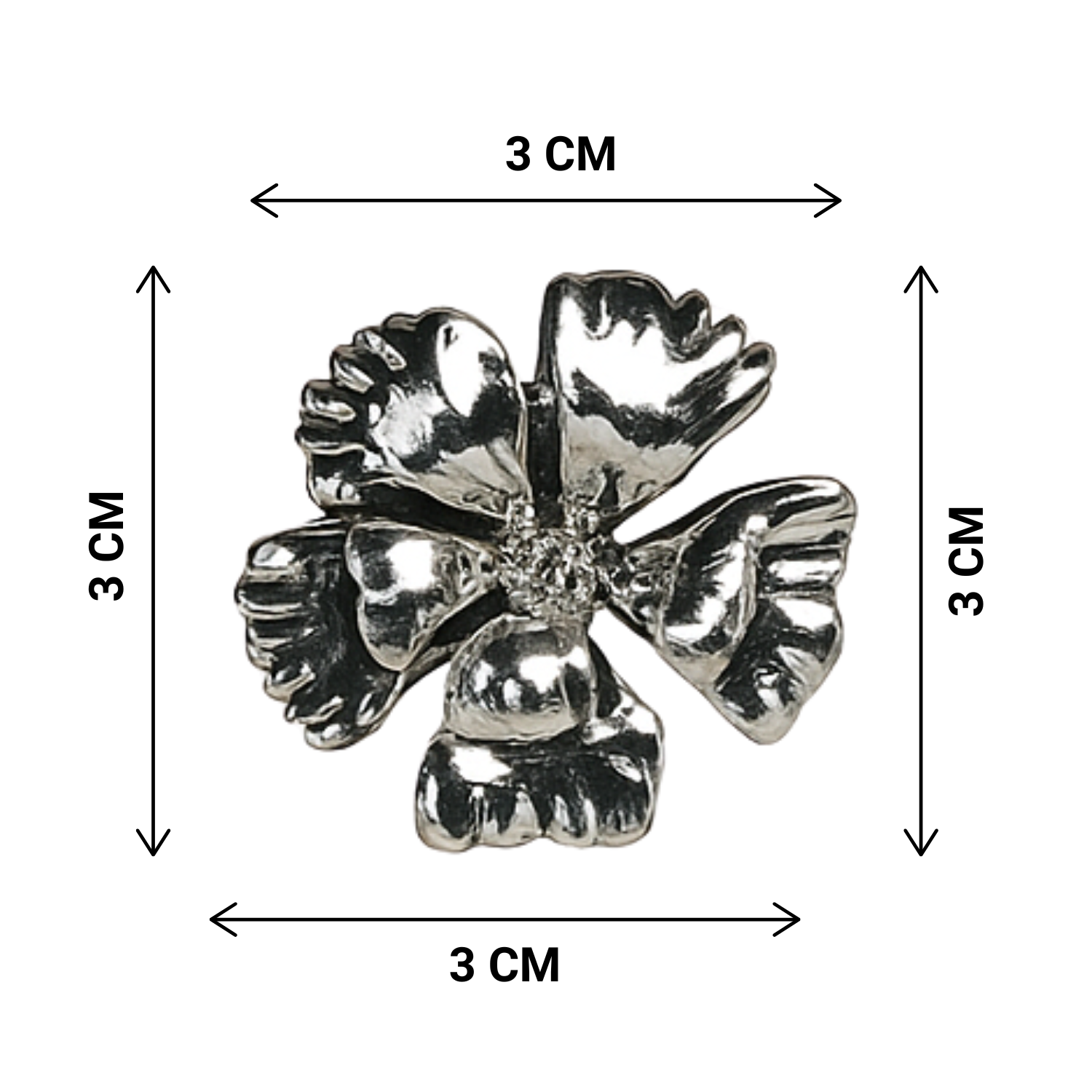 Silver butterfly charm with dimensions labeled on a white background