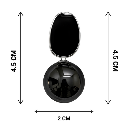 Black spherical object with a reflective surface, shown with measurements on a white background