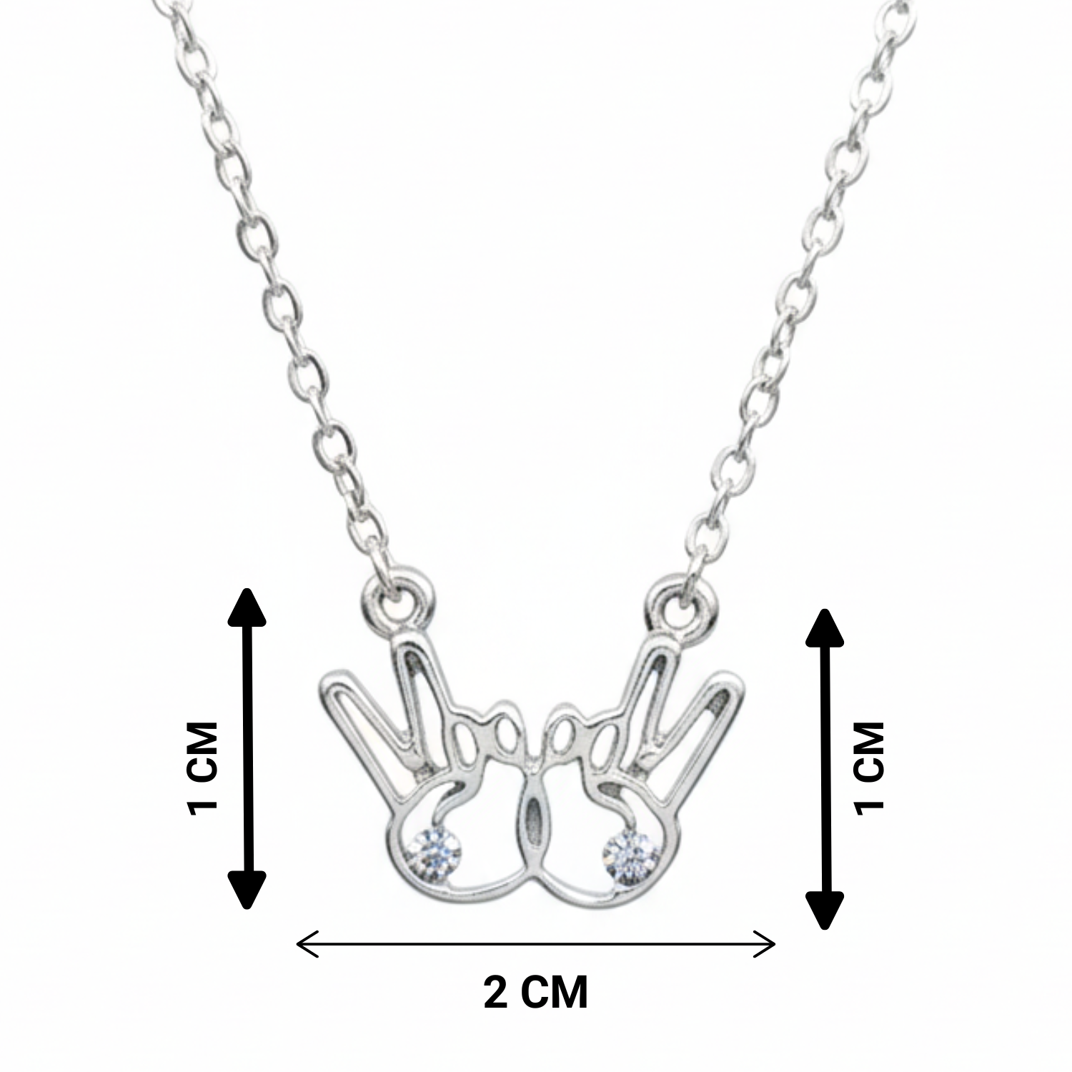 Silver necklace with a crown pendant, shown with measurements on a white background.