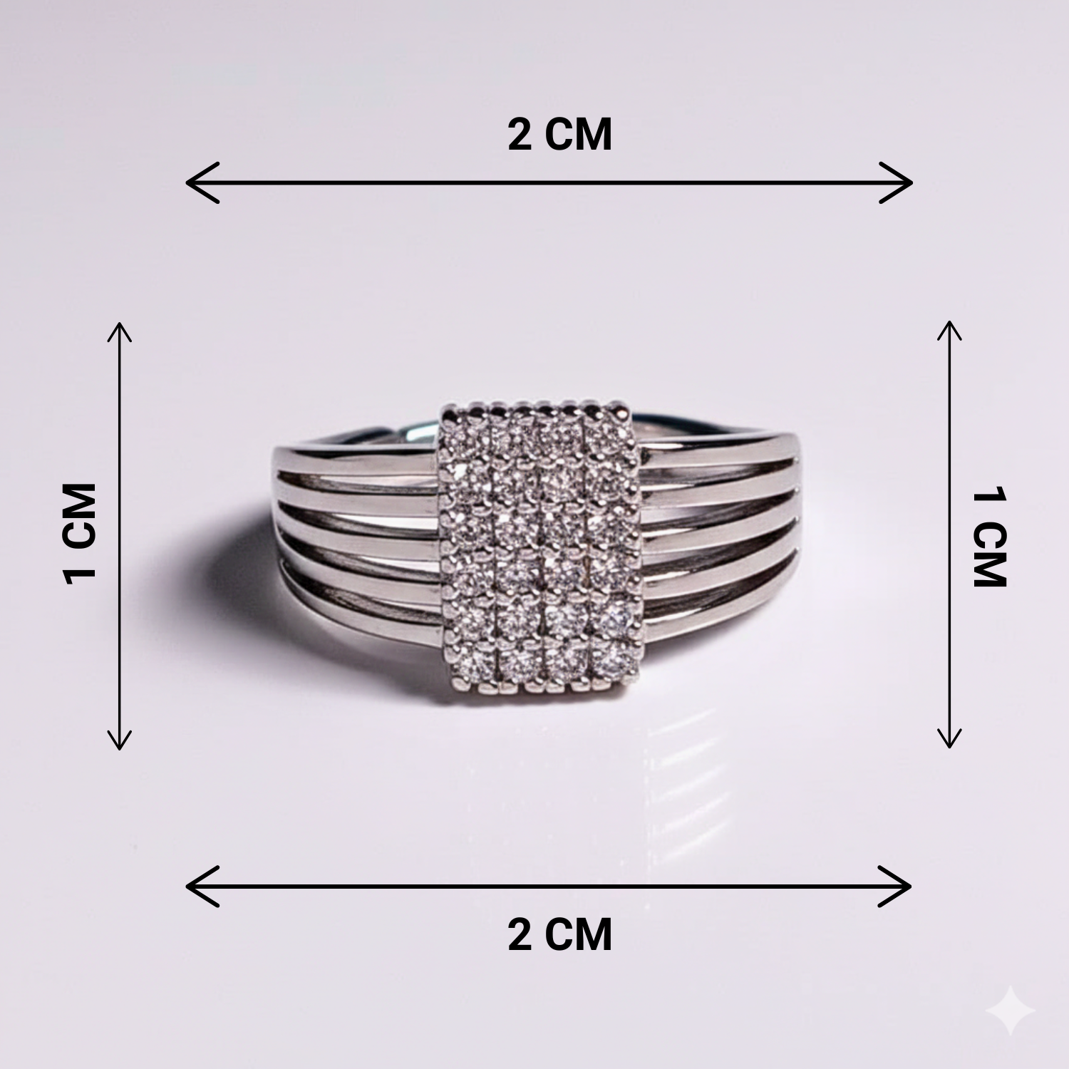 Silver ring with gemstone dimensions shown on a light gray background
