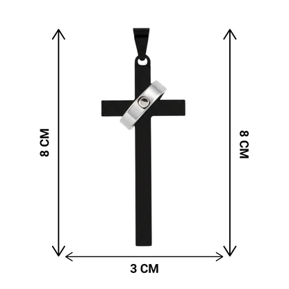 Black cross pendant with a silver accent on a white background, showing measurements.