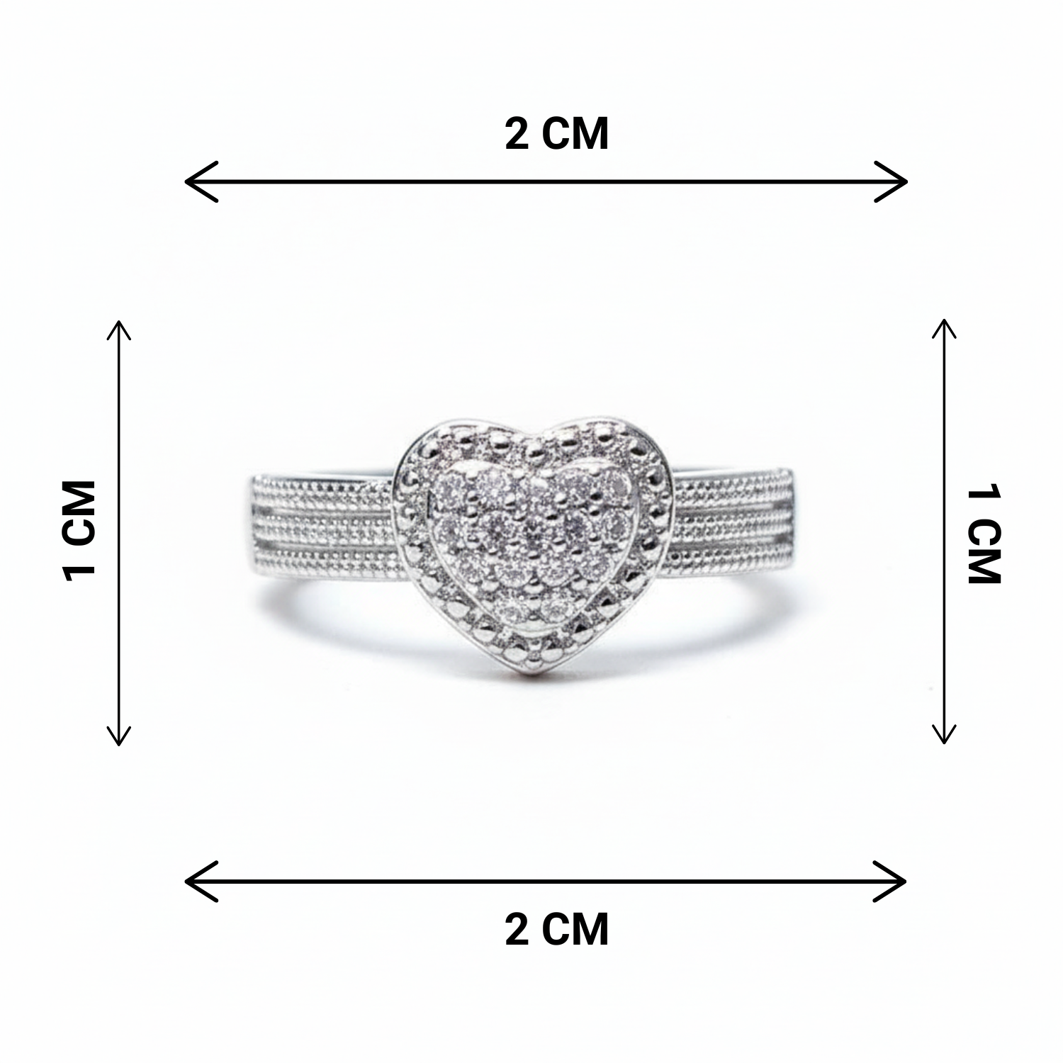 Heart-shaped silver ring with dimensions indicated on a white background