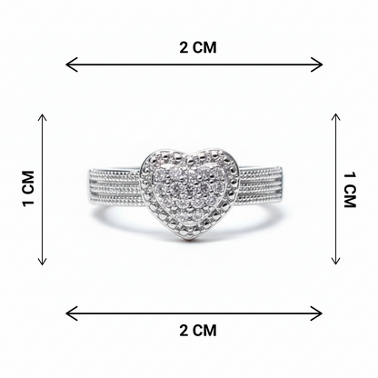 Heart-shaped silver ring with dimensions indicated on a white background