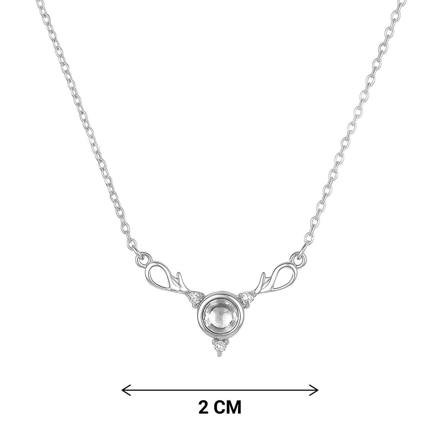 Silver necklace with a circular pendant on a white background