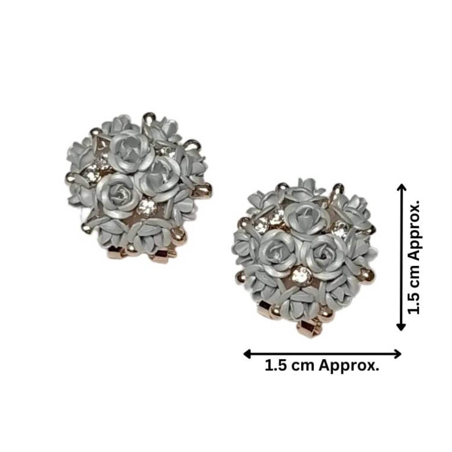 Pair of floral earrings with dimensions indicated on a white background
