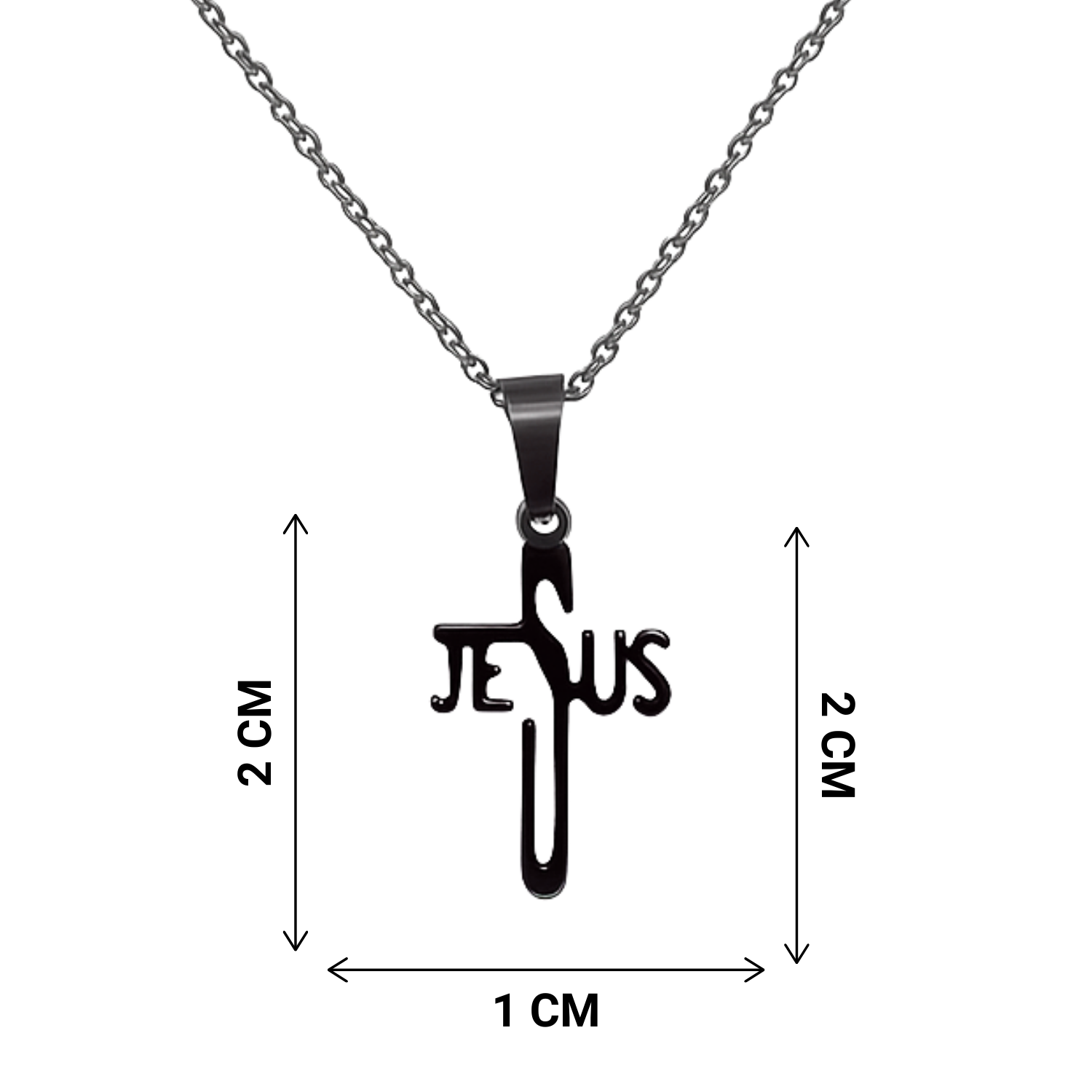 Black 'Jesus' cross pendant on a chain with measurements on a white background