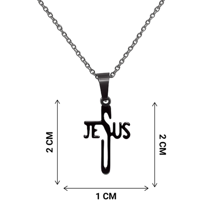 Black 'Jesus' cross pendant on a chain with measurements on a white background