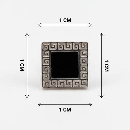 Small square mirror with decorative border, shown with dimensions on a white background