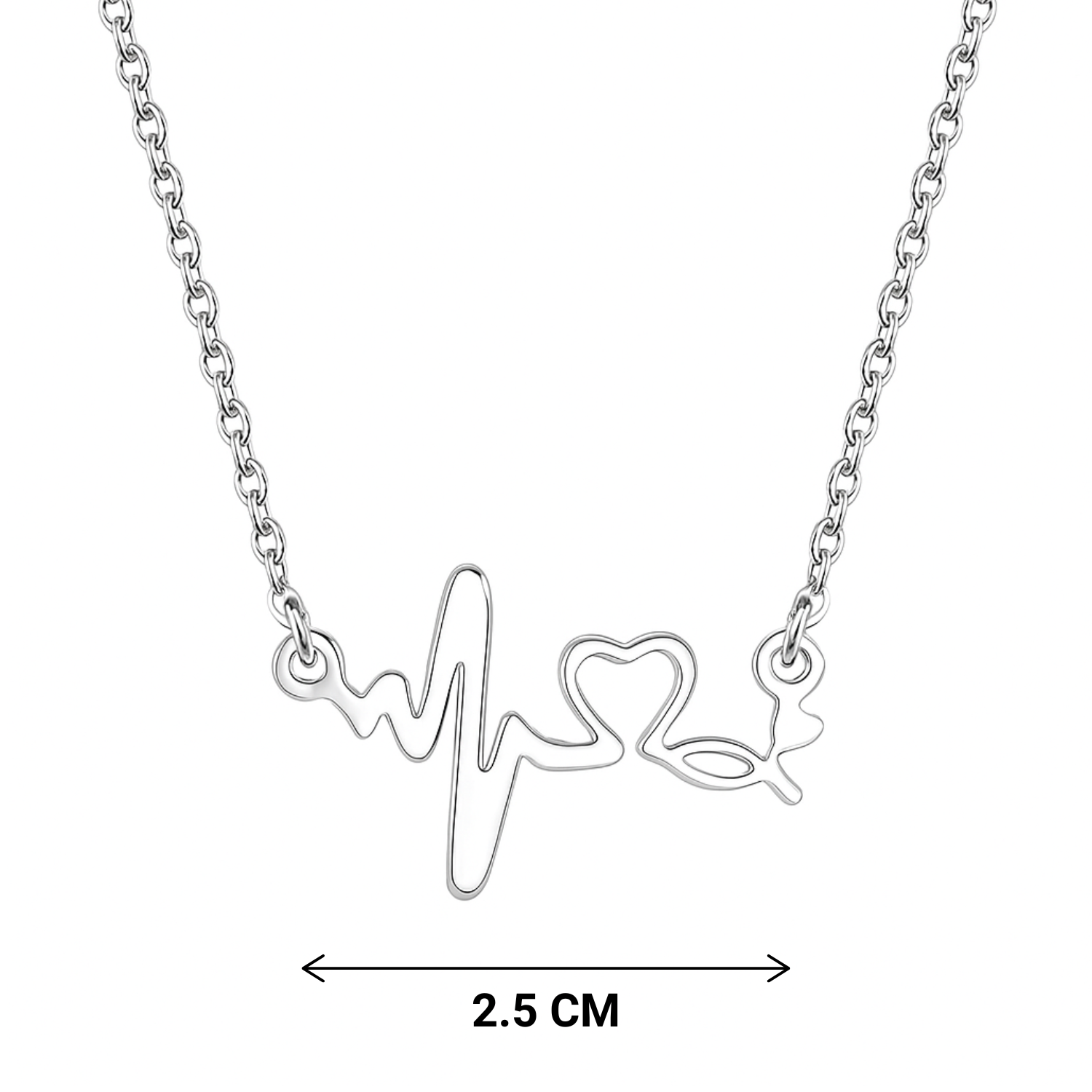 Silver necklace with heart and line design on a white background