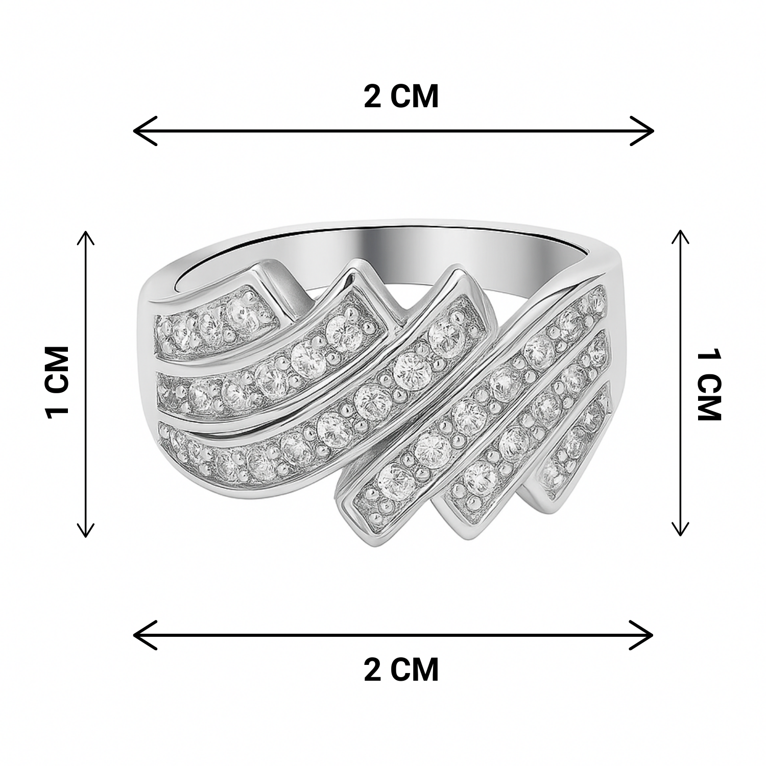 Silver ring with gemstones and size measurements on a white background
