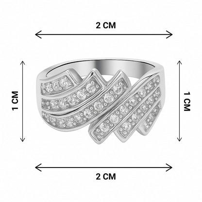 Silver ring with gemstones and size measurements on a white background