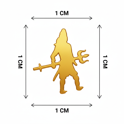 Gold figurine with measurements on a white background