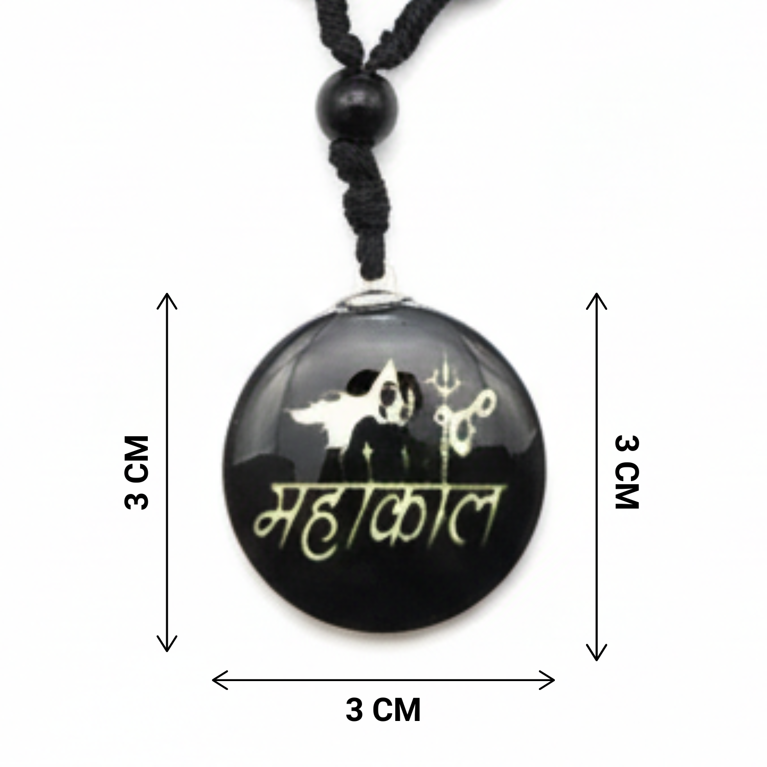 Black pendant with white design and text on a white background