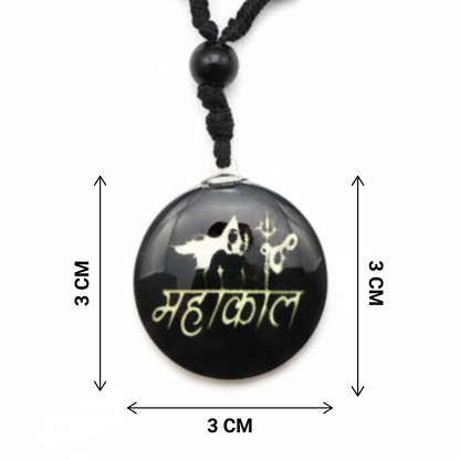 Black pendant with white design and text on a white background