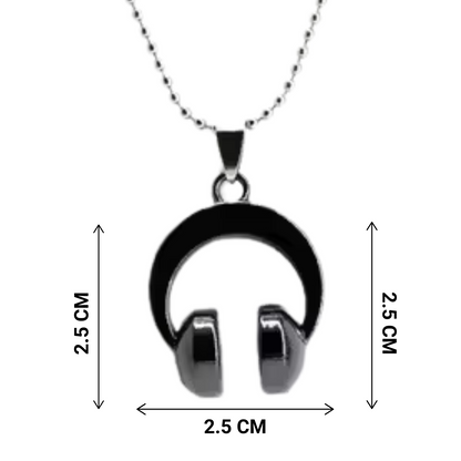 Headphone-shaped pendant necklace with dimensions on a white background