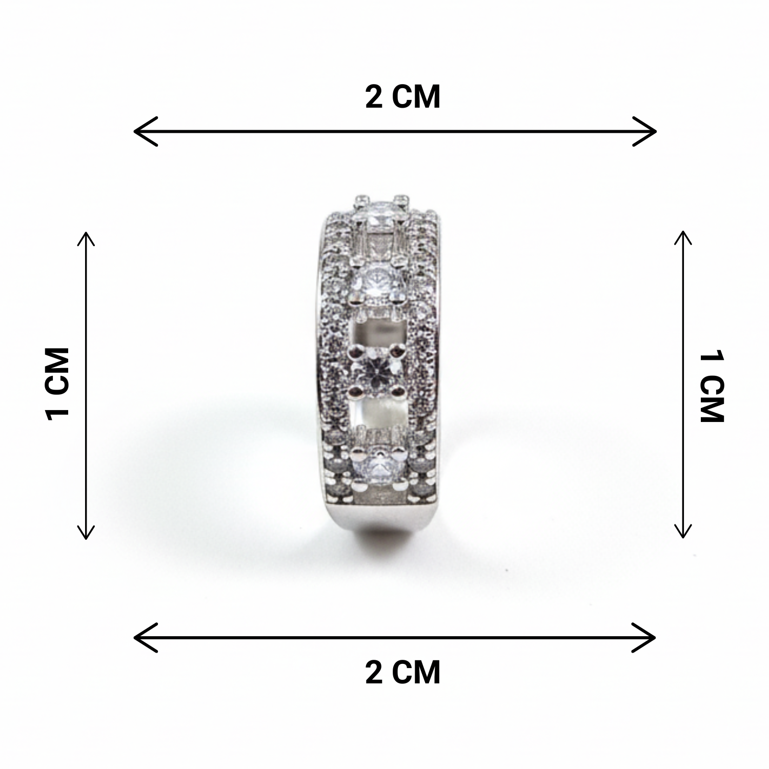 Diamond ring with dimensions indicated on a white background