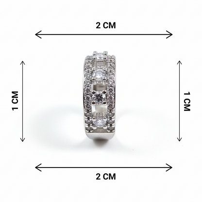 Diamond ring with dimensions indicated on a white background