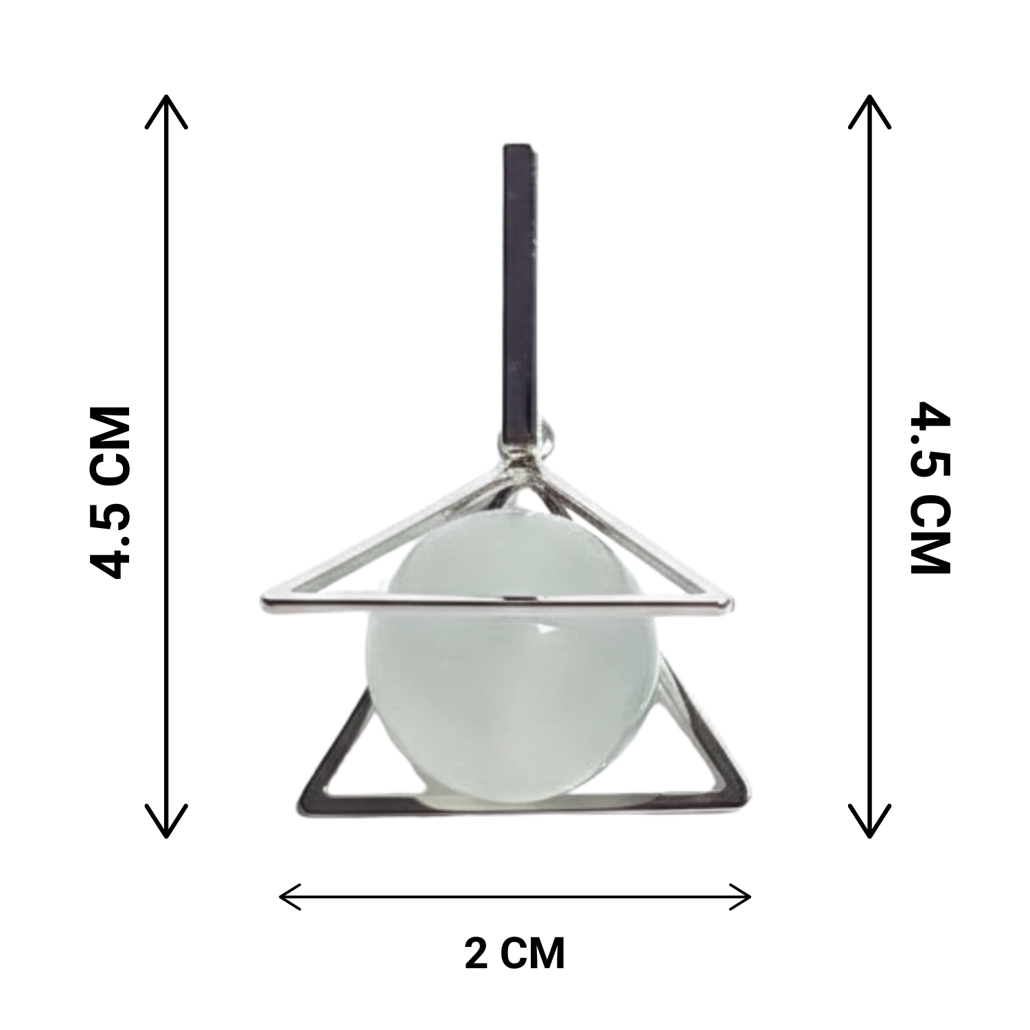 Measurement chart of a pendant with a white sphere and silver triangle, showing dimensions on a white background.