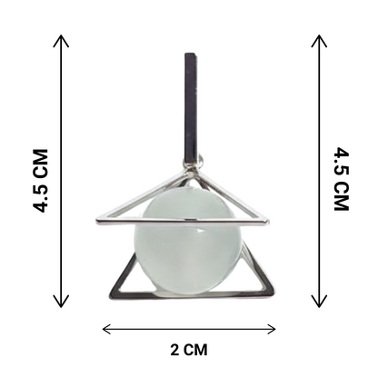 Measurement chart of a pendant with a white sphere and silver triangle, showing dimensions on a white background.