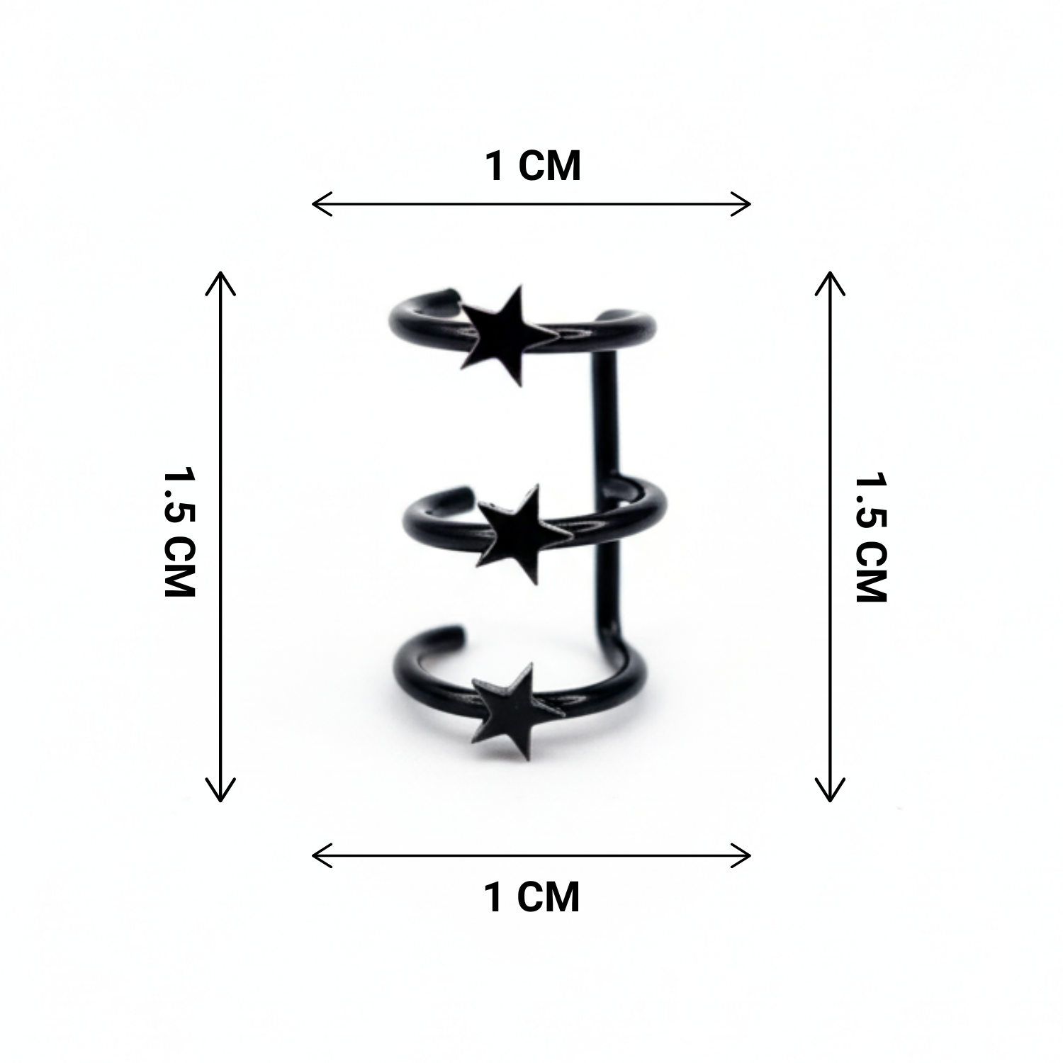 Black spiral earring with star designs and measurements on a white background