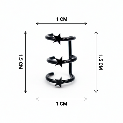 Black spiral earring with star designs and measurements on a white background