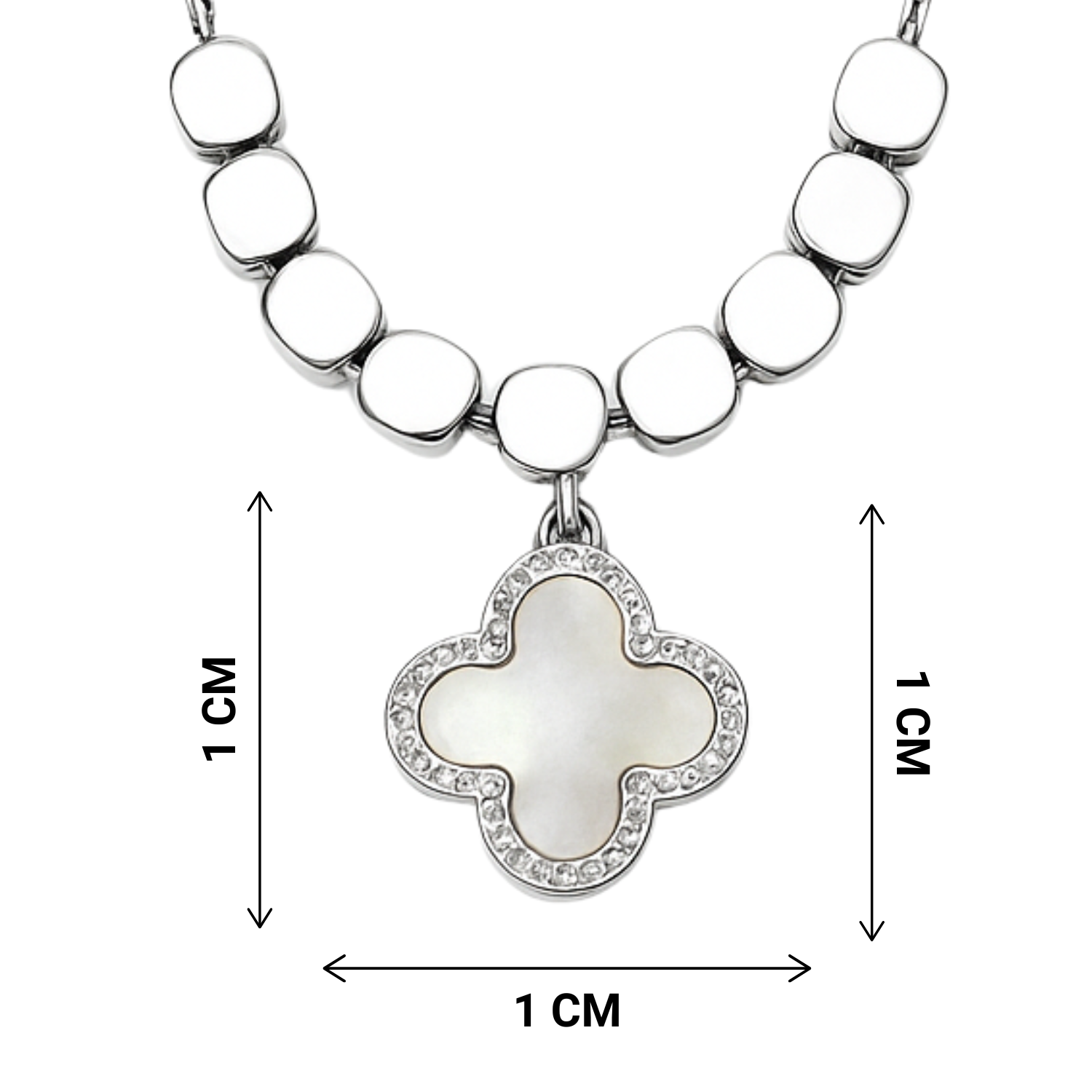 Necklace with a clover-shaped pendant and measurement details on a white background