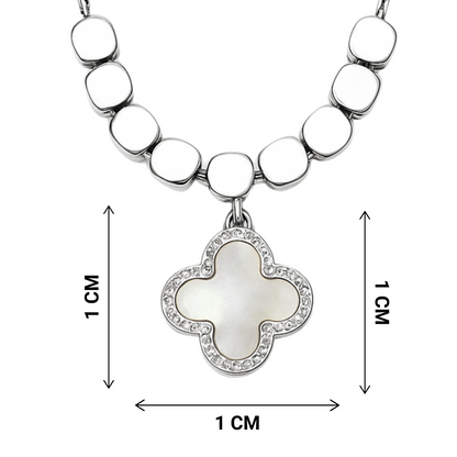 Necklace with a clover-shaped pendant and measurement details on a white background