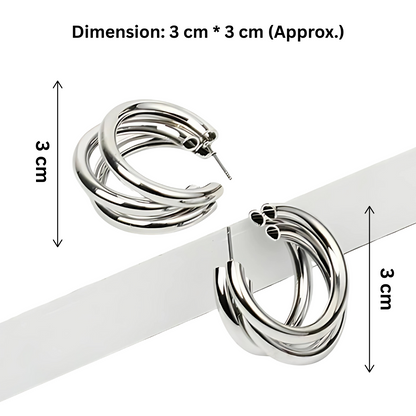 Silver hoop earrings with dimensions indicated on a white background