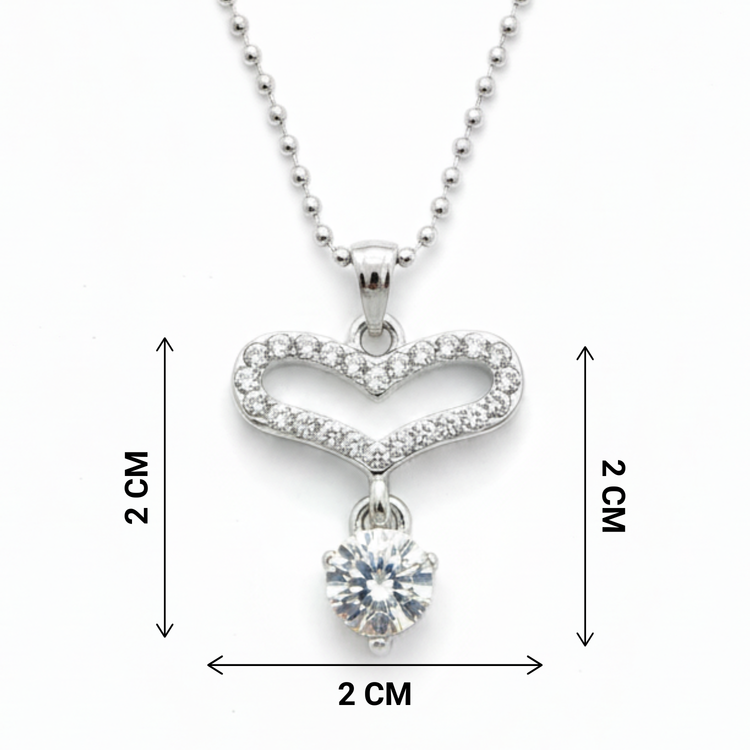 Heart-shaped pendant necklace with a clear gemstone, shown with measurements on a white background.