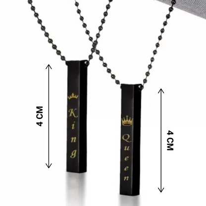 Two black necklaces with 'King' and 'Queen' pendants, each 4 cm long, on a white background.