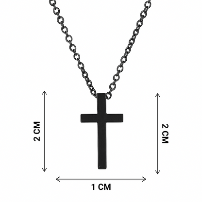 Black cross pendant necklace with measurements on a white background
