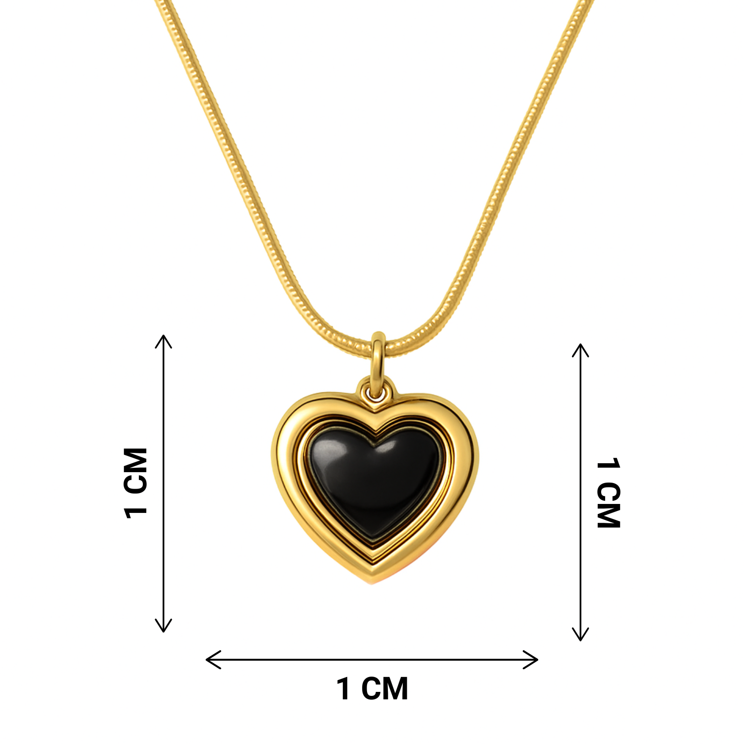Gold heart-shaped pendant with black center and measurements on a white background