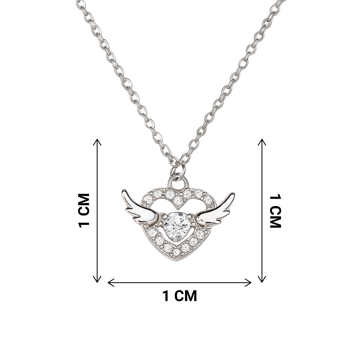 Heart-shaped pendant with wings on a chain, shown with measurements on a white background