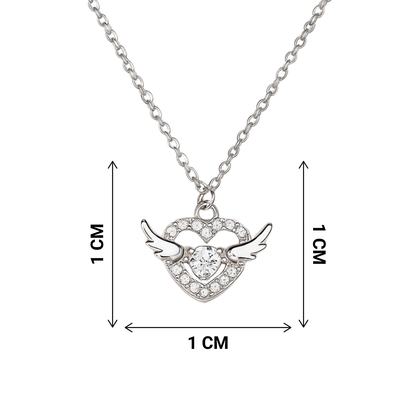 Heart-shaped pendant with wings on a chain, shown with measurements on a white background